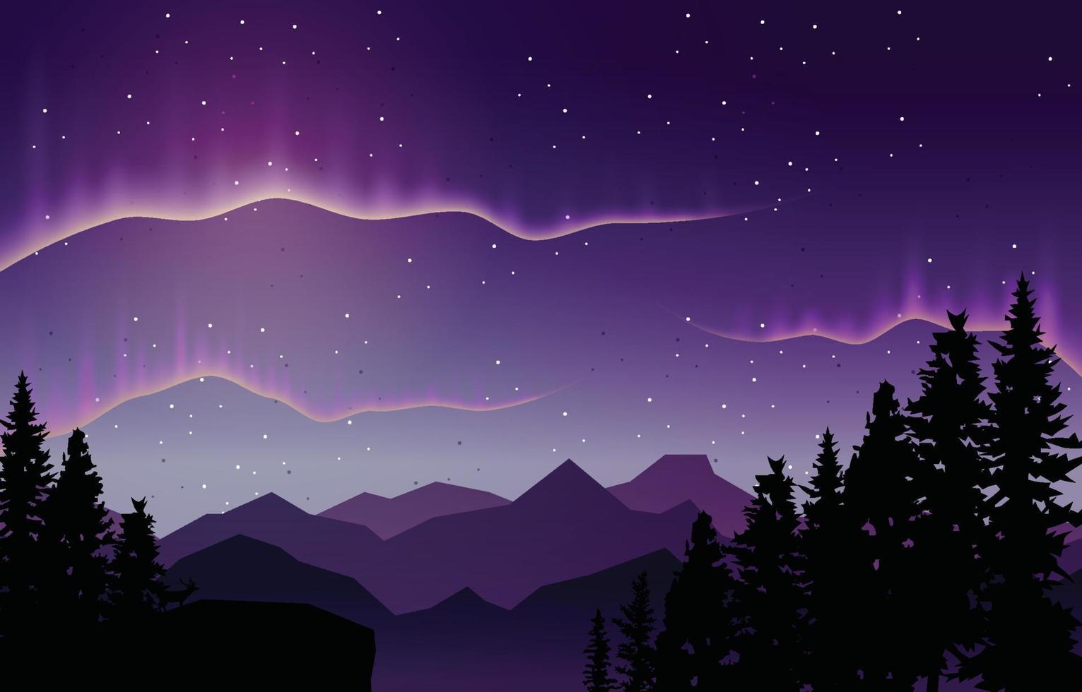 hermosa aurora boreal cielo luz pino ciervo montaña paisaje polar ilustración vector