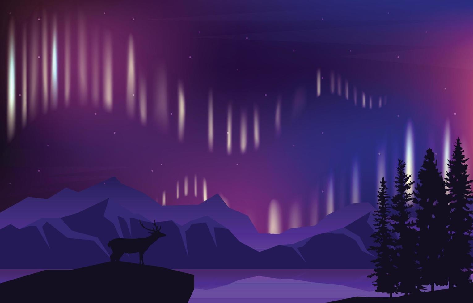 Beautiful Aurora Borealis Sky Light Pine Deer Mountain Polar Landscape Illustration vector
