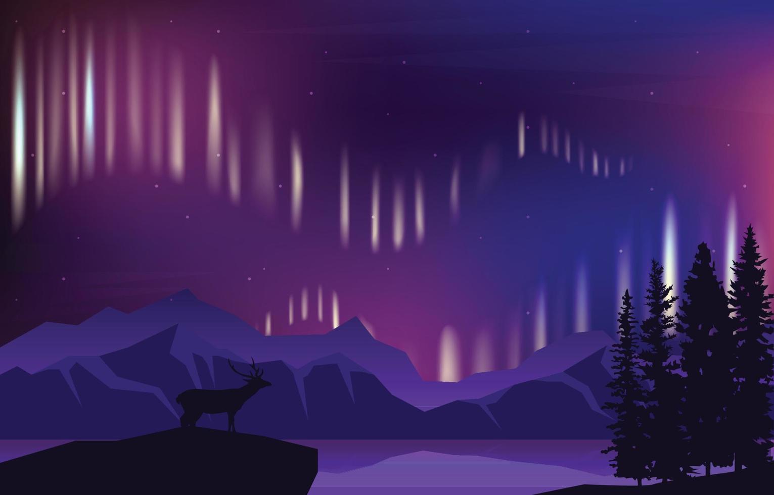 hermosa aurora boreal cielo luz pino ciervo montaña paisaje polar ilustración vector