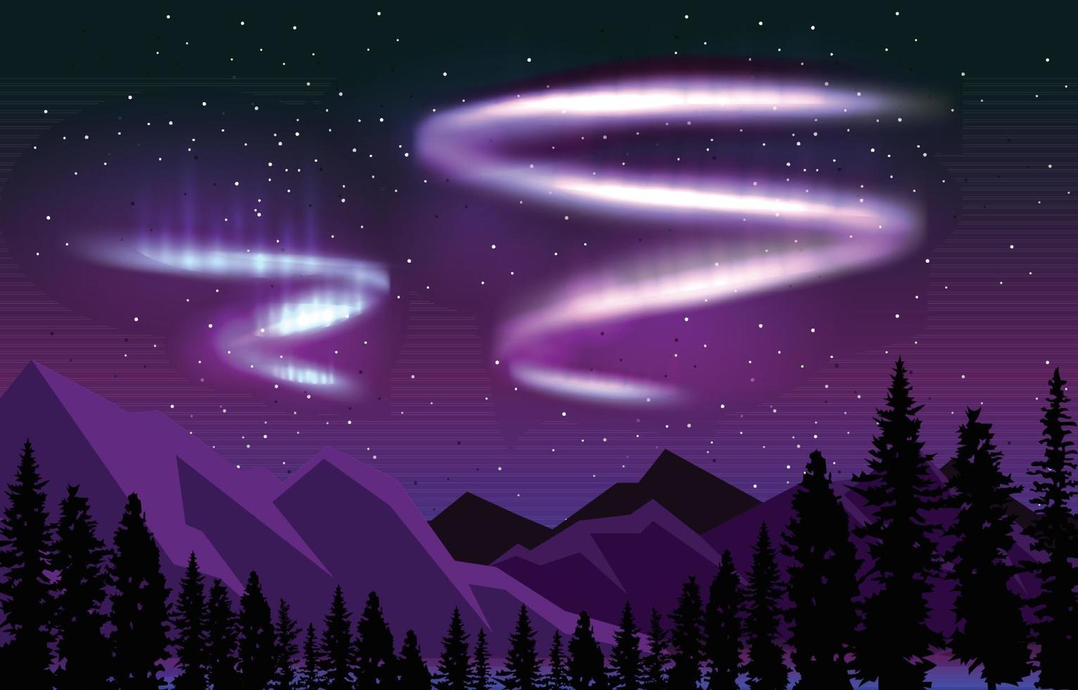 hermosa aurora boreal cielo luz pino montaña aventura paisaje polar ilustración vector