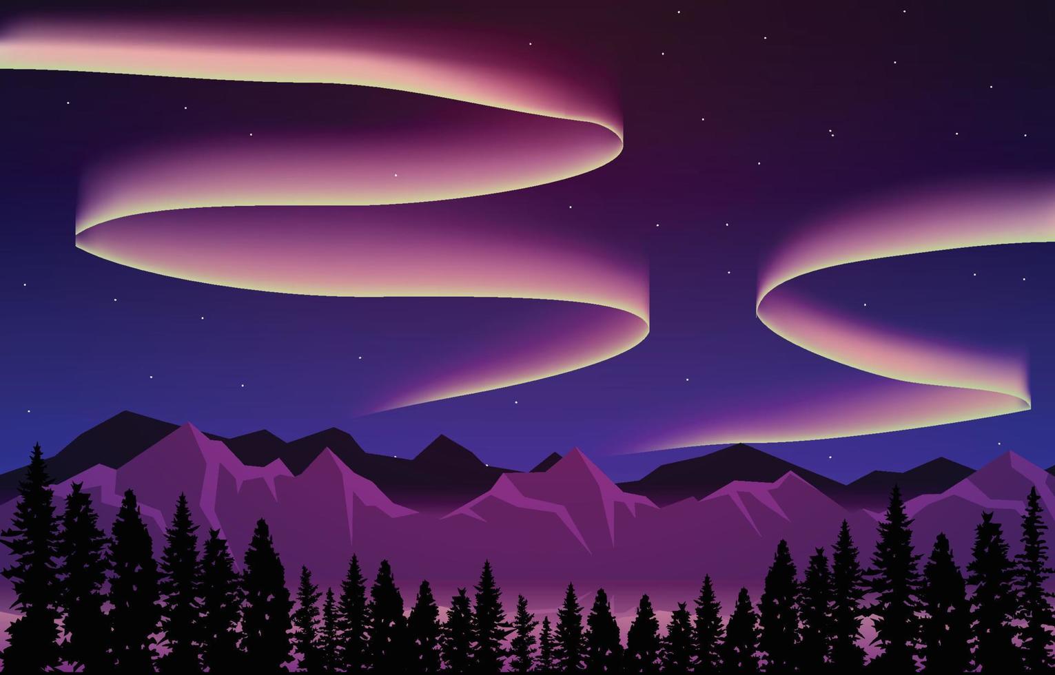 hermosa aurora boreal cielo luz pino montaña aventura paisaje polar ilustración vector