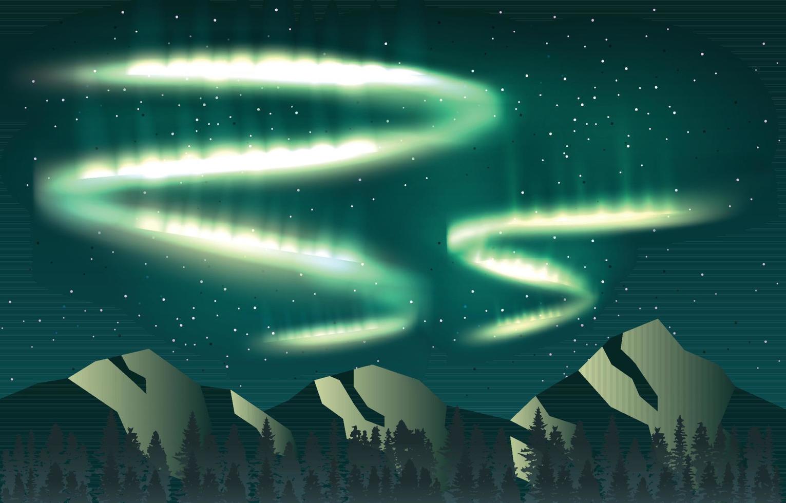 hermosa aurora boreal cielo luz pino montaña aventura paisaje polar ilustración vector