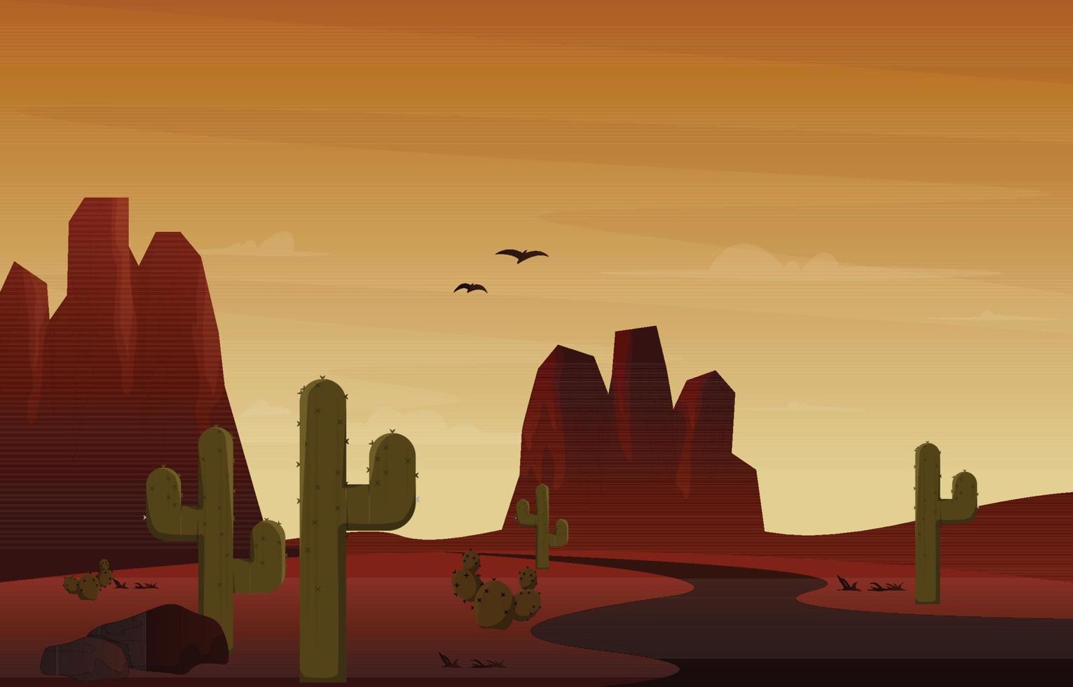 Road Street Desert Country Cactus Travel Vector Flat Design Illustration