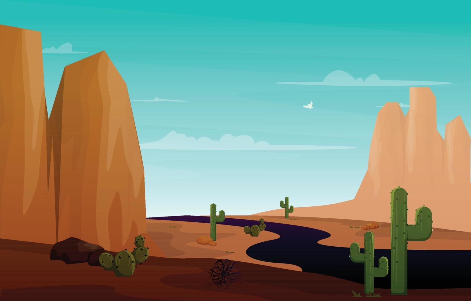 camino, calle, desierto, país, cactus, viaje, vector, plano, diseño, ilustración vector