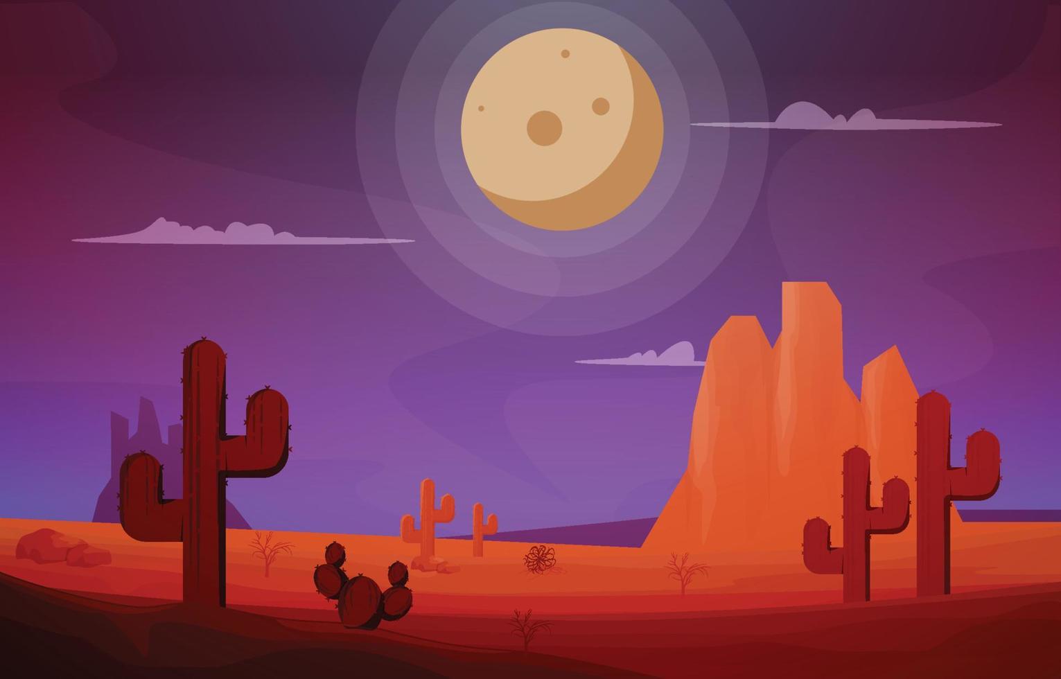 Night Moon Desert Country Cactus Travel Vector Flat Design Illustration