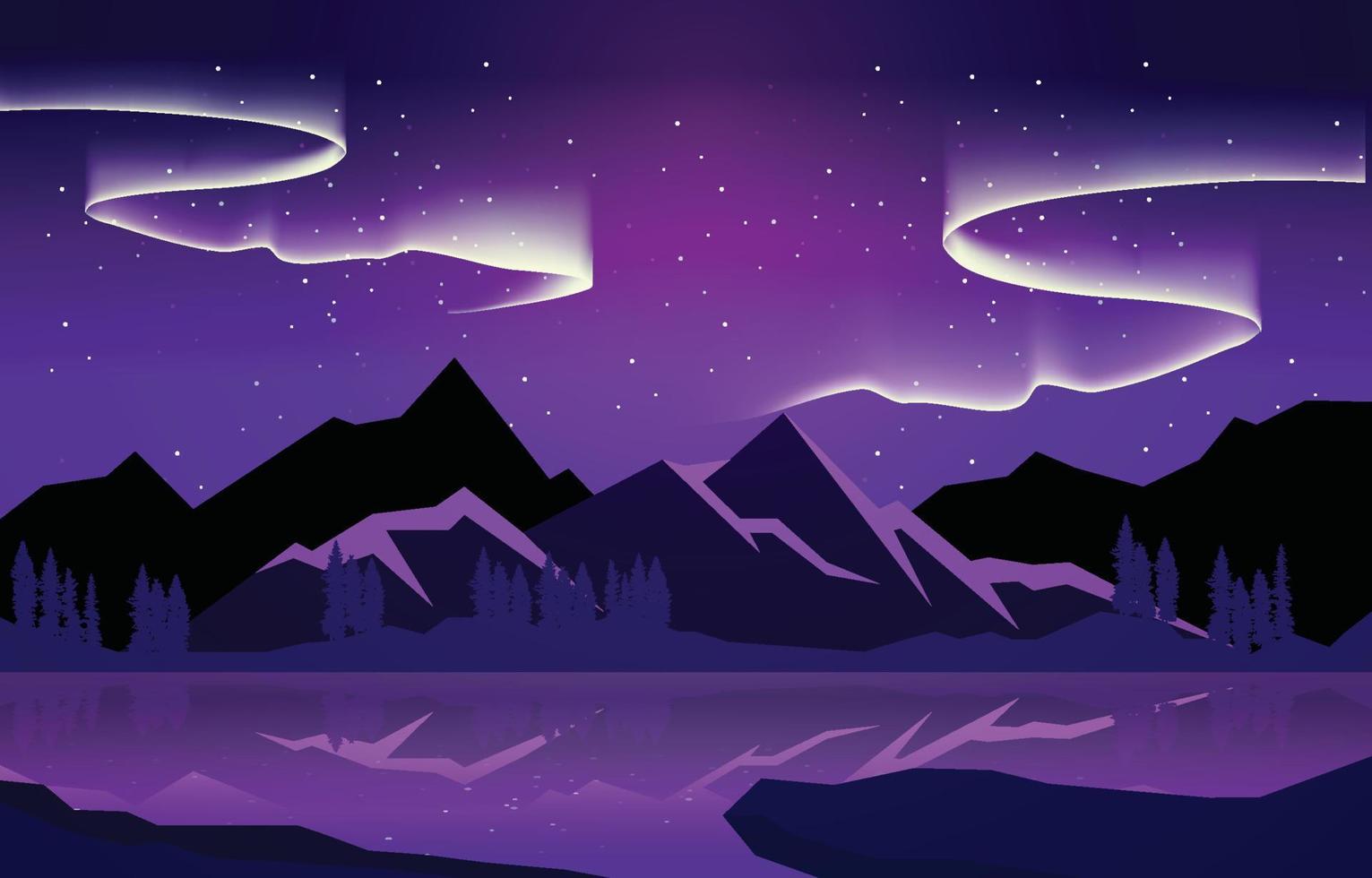 hermosa aurora boreal cielo luz nieve montaña lago paisaje polar ilustración vector