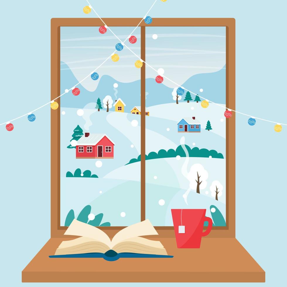 View from the window on a winter landscape with fields, houses and trees. Vector flat illustration with an open book and a cup of tea on the windowsill.