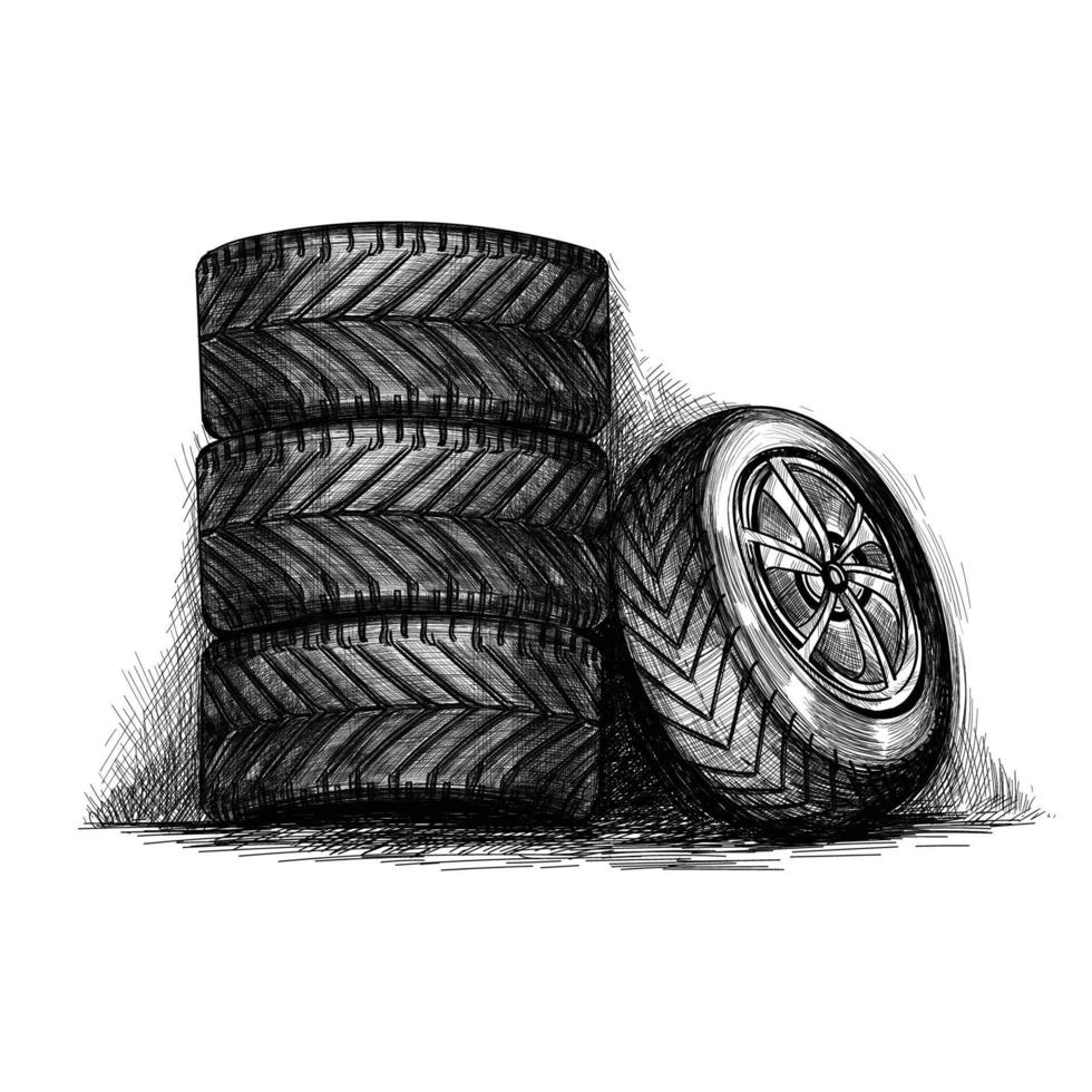 Hand draw realistic complete set tire sketch design vector