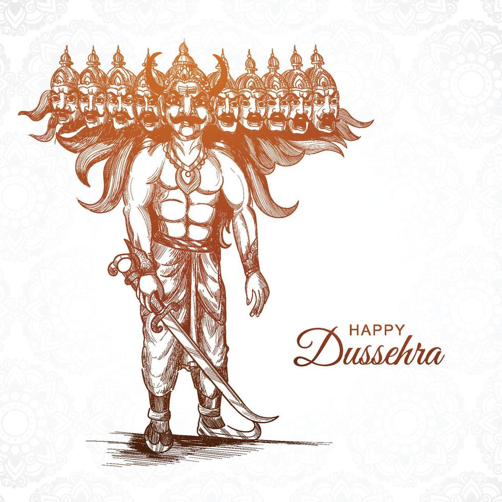 Happy dussehra celebration hand draw ravan sketch background vector