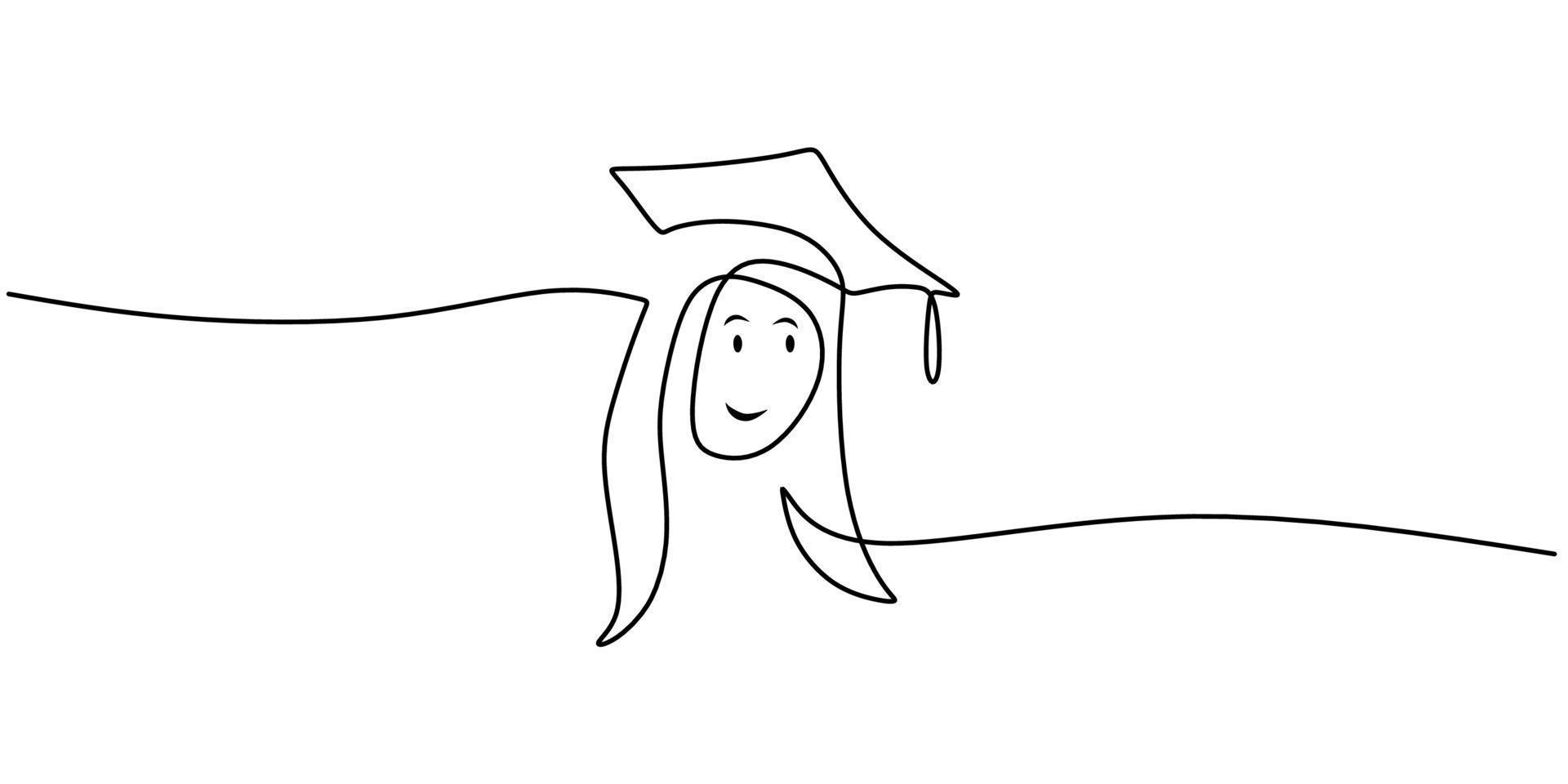 Continuous one single line of little girl using graduation hat vector