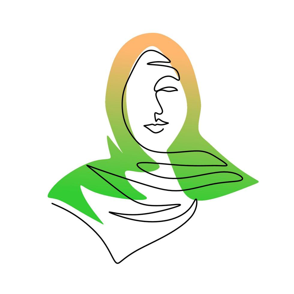 una sola línea continua de mujer hijab verde naranja vector