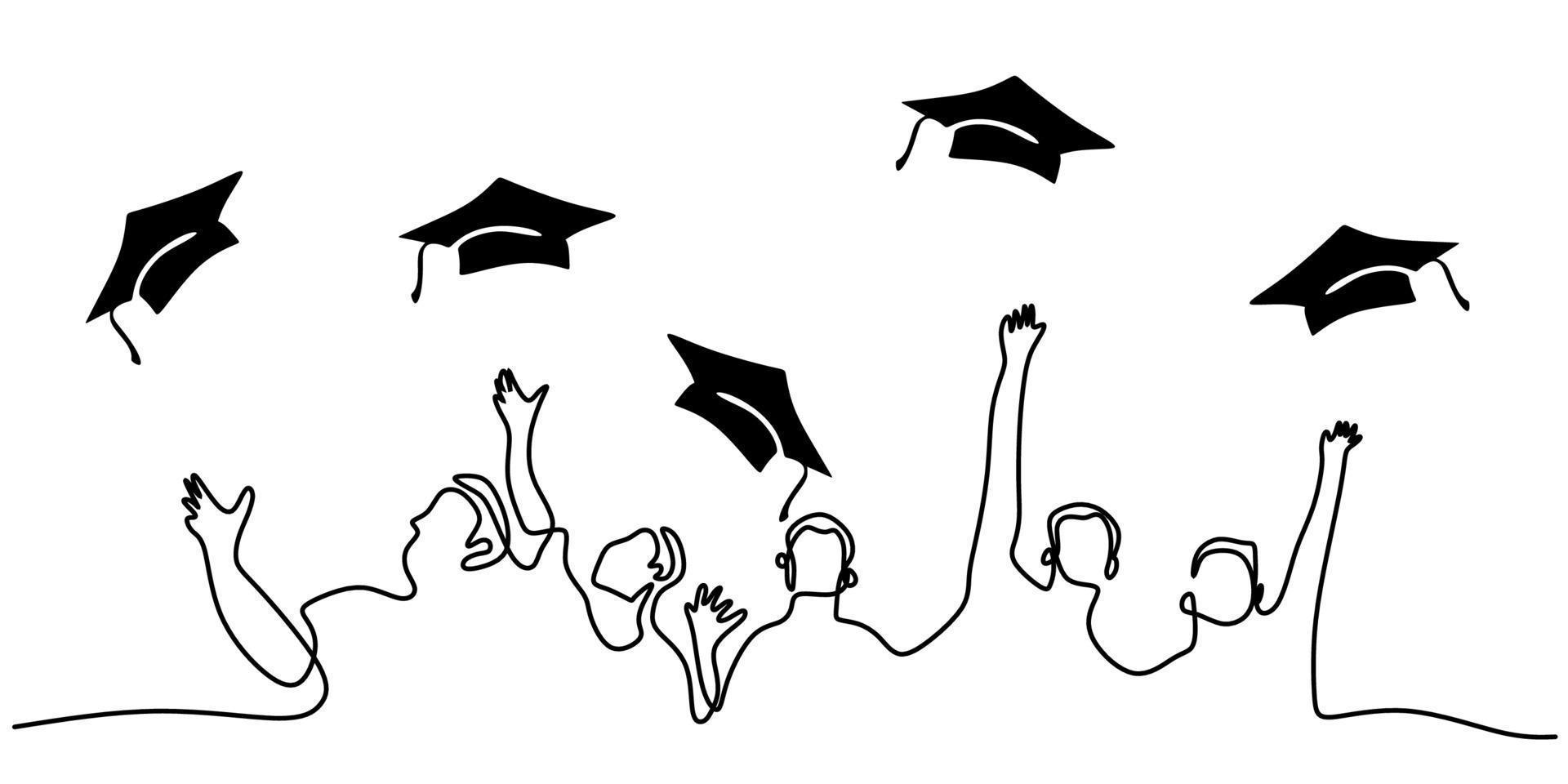 Continuous one single line of students throw their graduation hat vector
