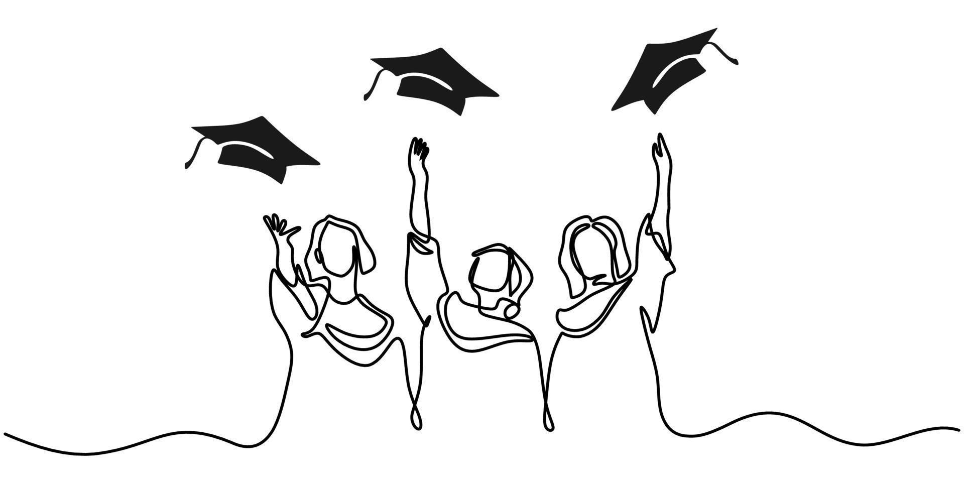 Continuous one single line three students throw their graduation hat vector