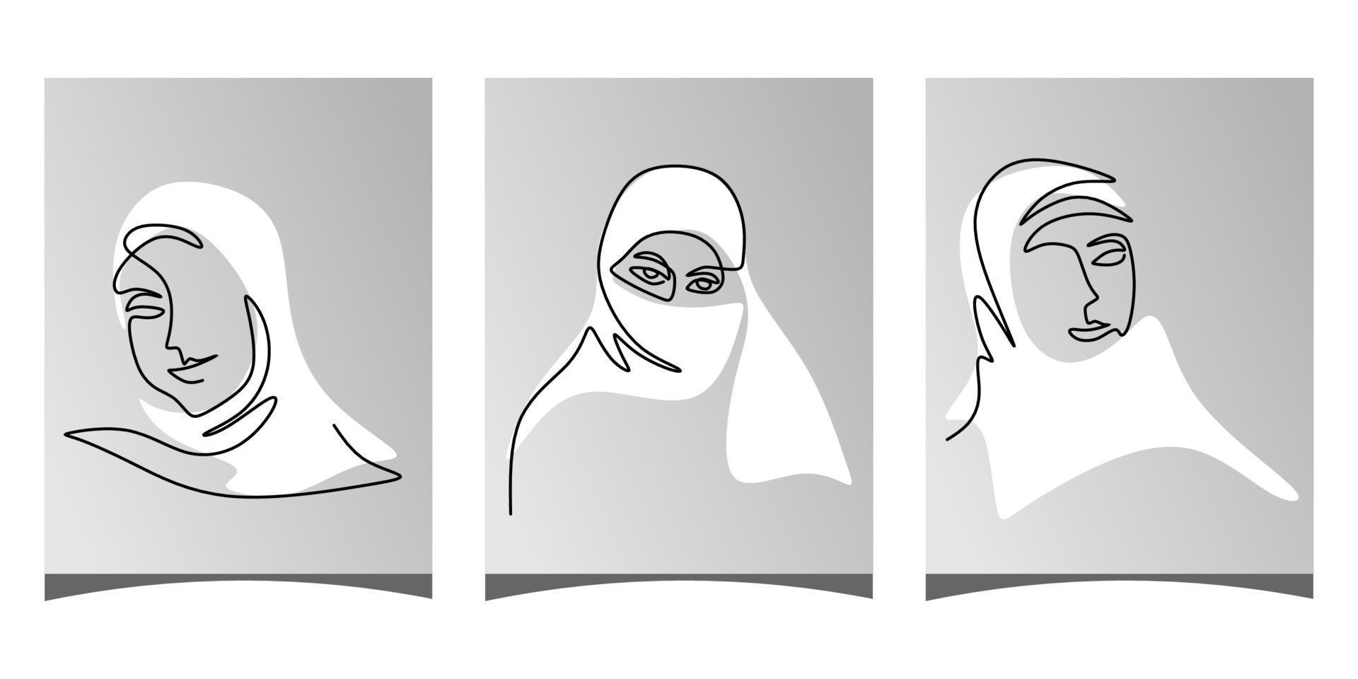 Continuous one single line of three hijab women posters vector