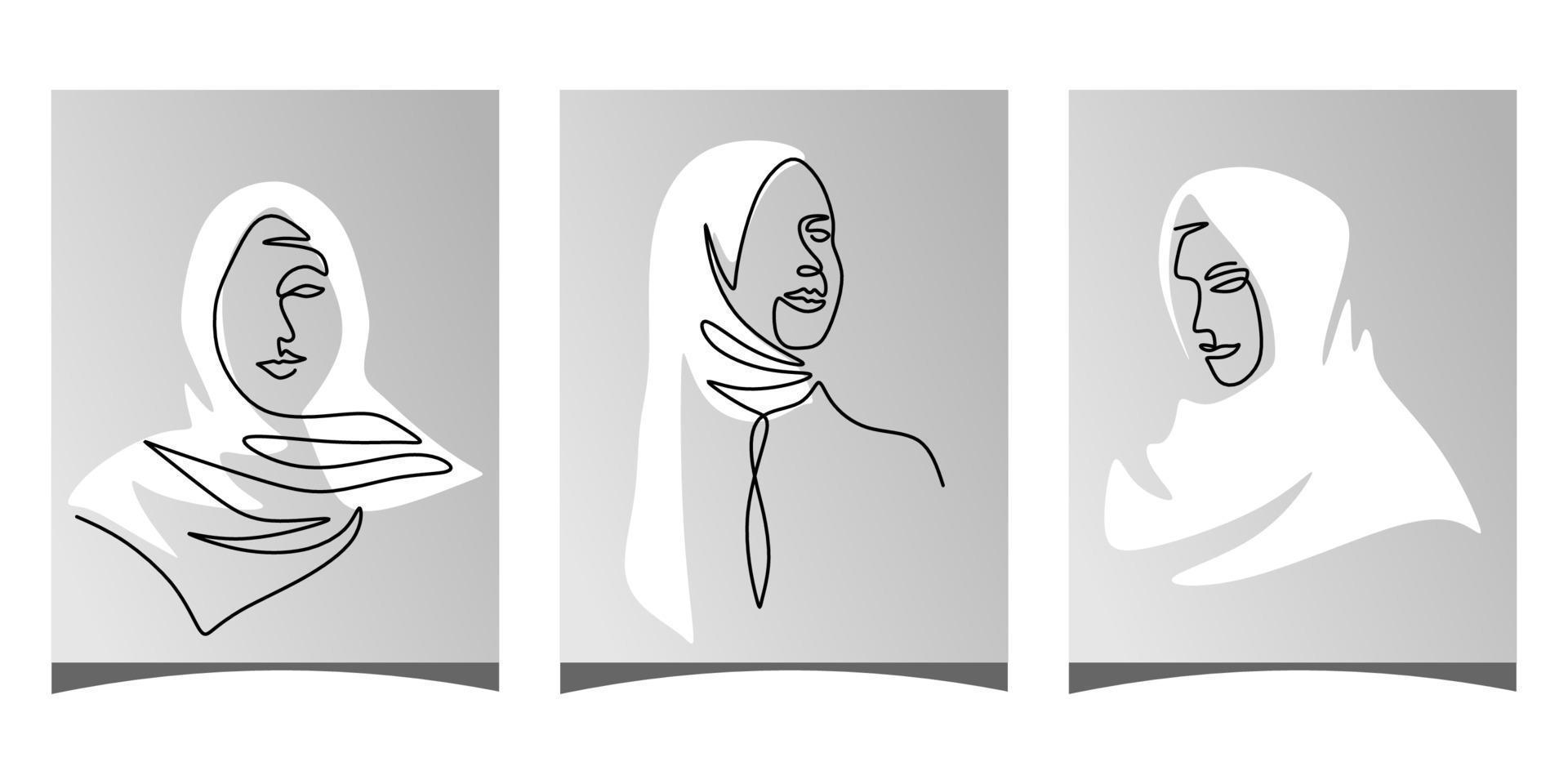 Continuous one single line of three hijab women posters vector
