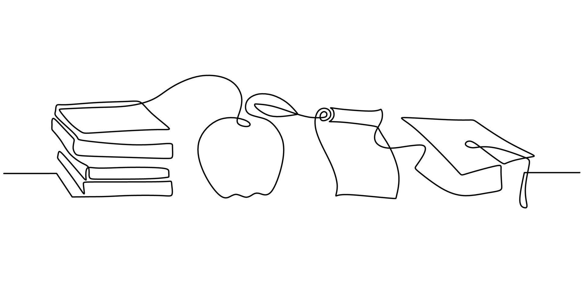 Continuous one single line of book, apple, paper and graduation hat vector