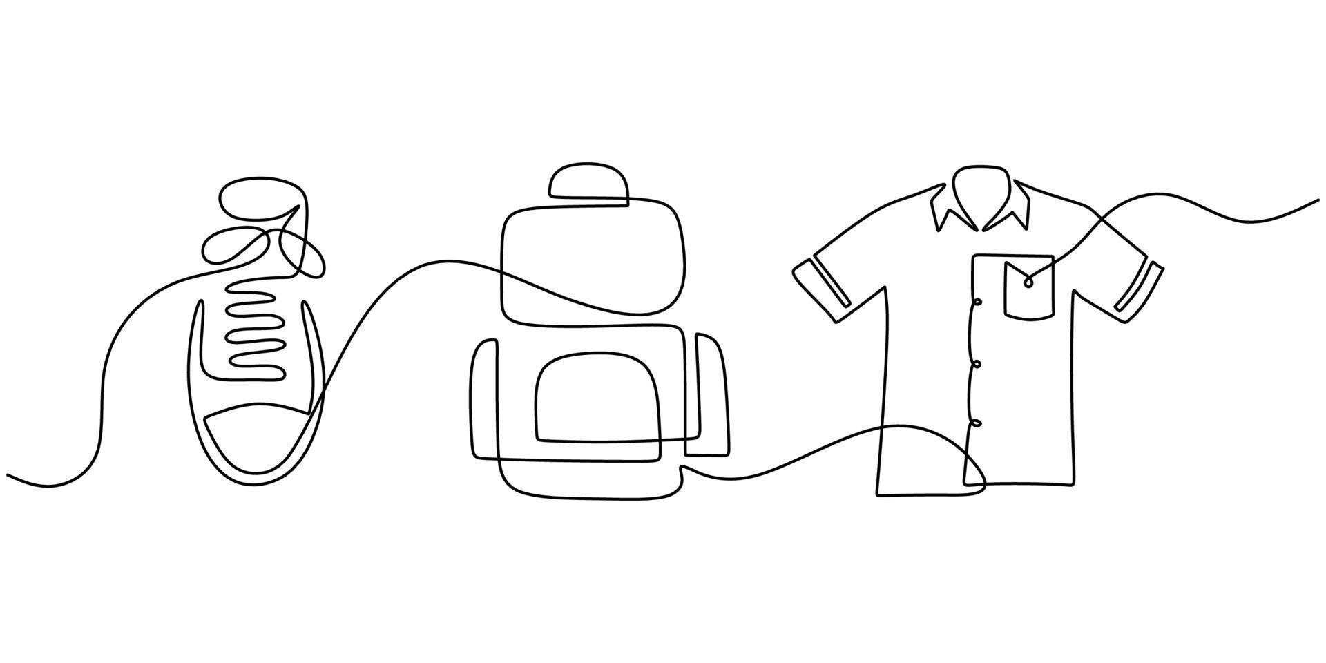 Continuous one single line of shoe, bag and uniform vector