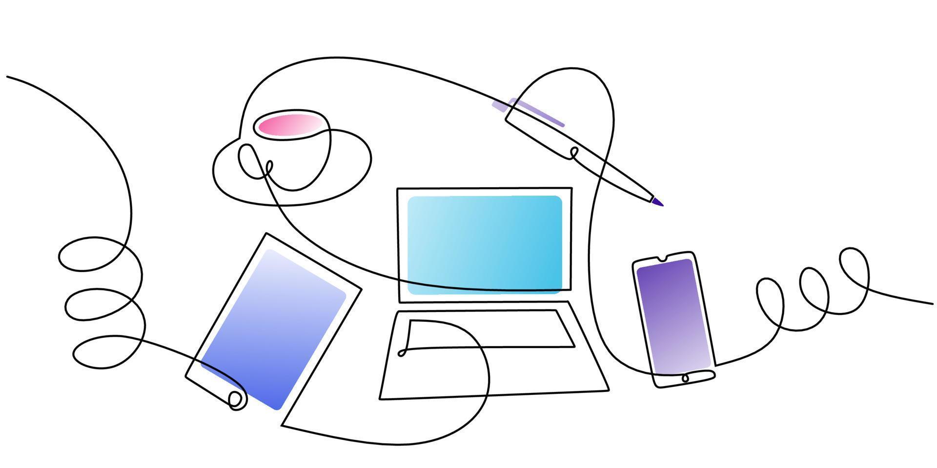 Continuous one single line of cup coffee, pen, tablet and laptop vector