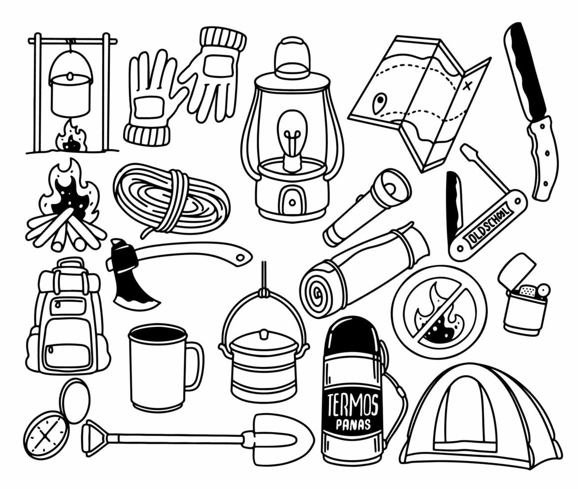 Hand drawn camping and hiking elements, isolated on white background. vector