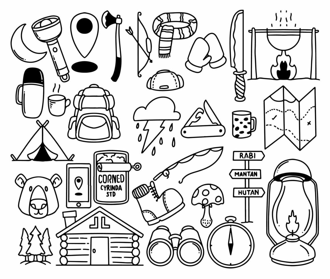 elementos de camping y senderismo dibujados a mano, aislados sobre fondo blanco. vector