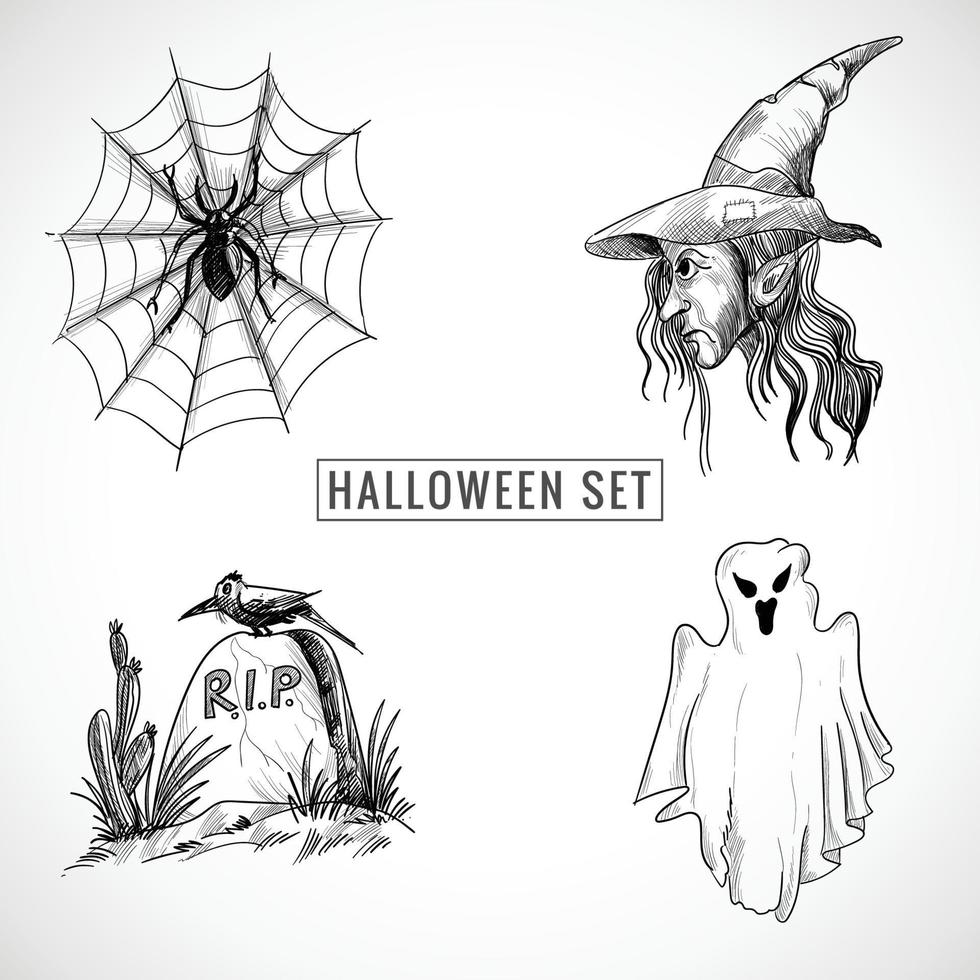 elementos de halloween dibujados a mano conjunto de diseño de boceto vector