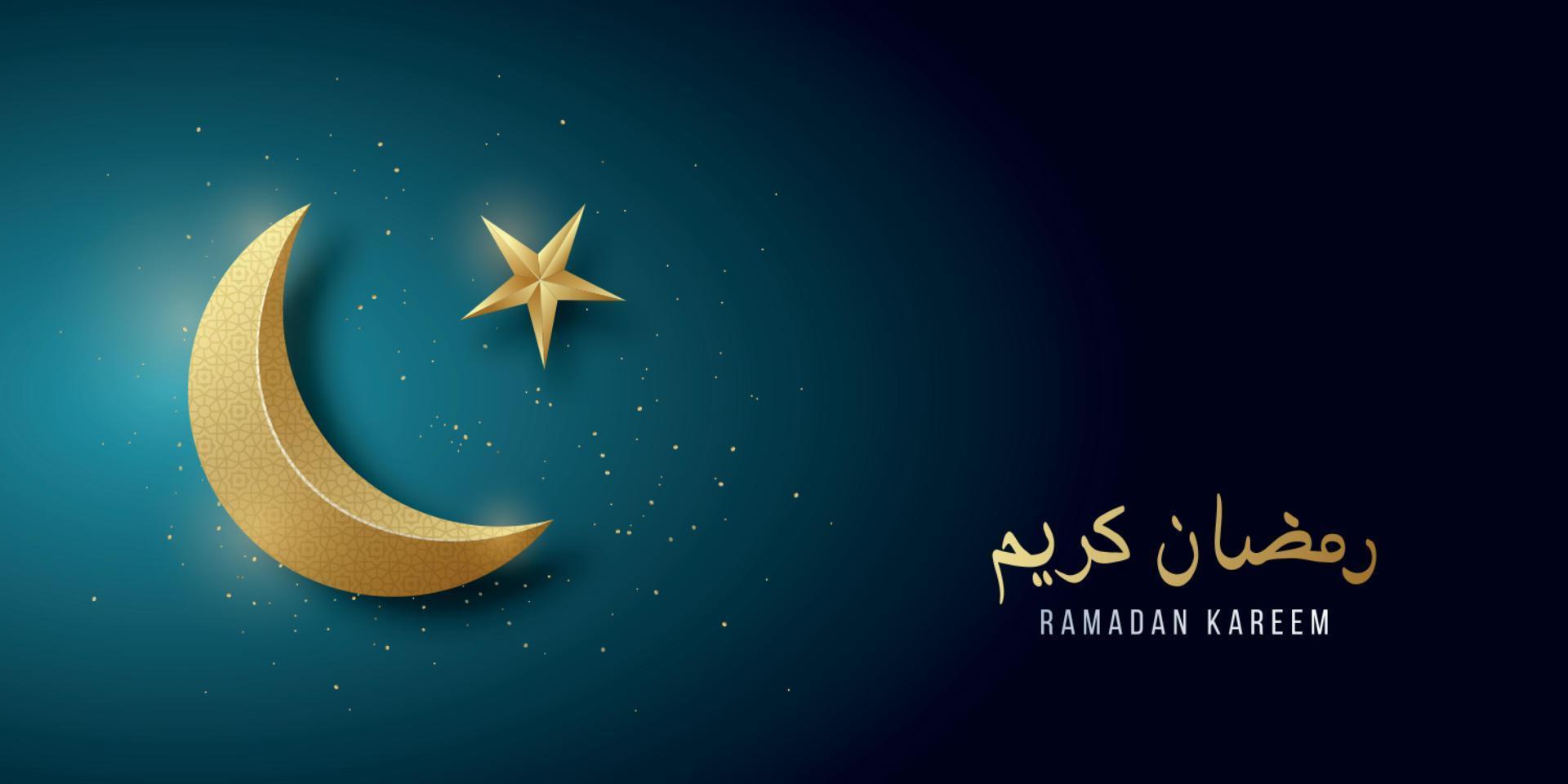 Banner horizontal de Ramadán Kareem con media luna dorada y estrella sobre fondo azul oscuro. Ilustración de la media luna de oro 3d. vector