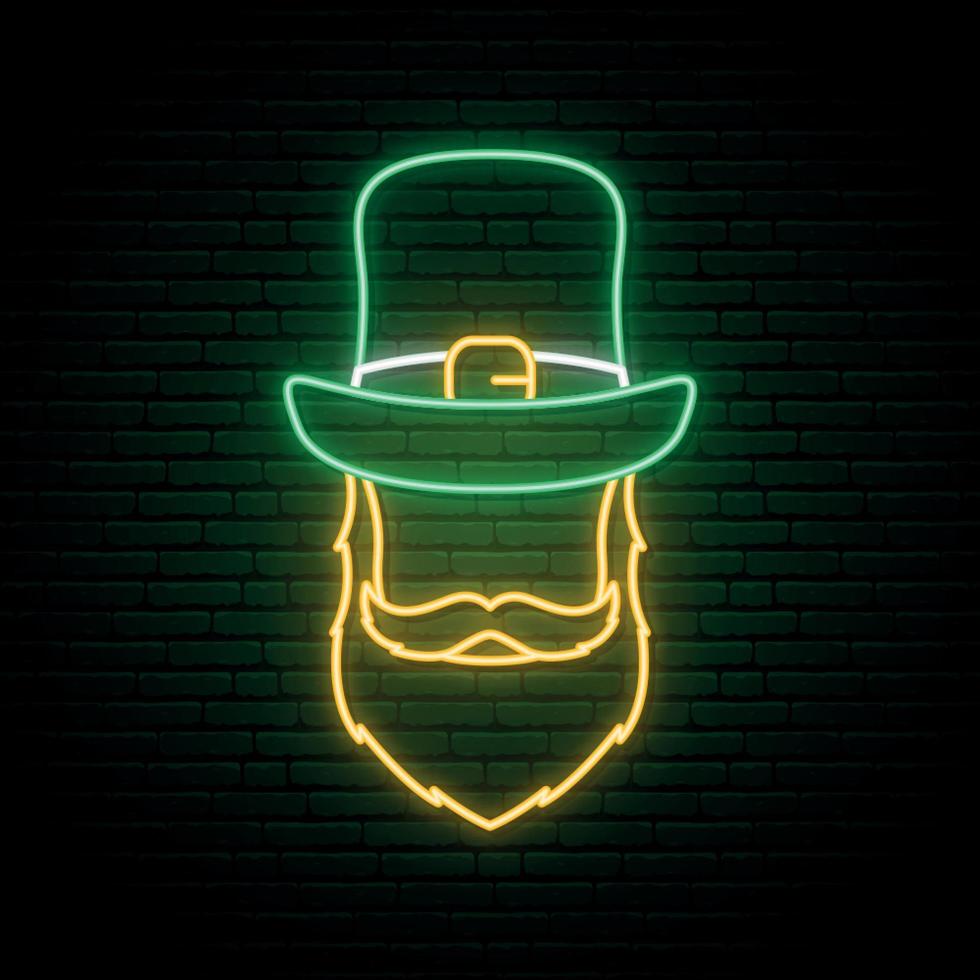 Neon sign of Irishman in green hat and red beard. vector