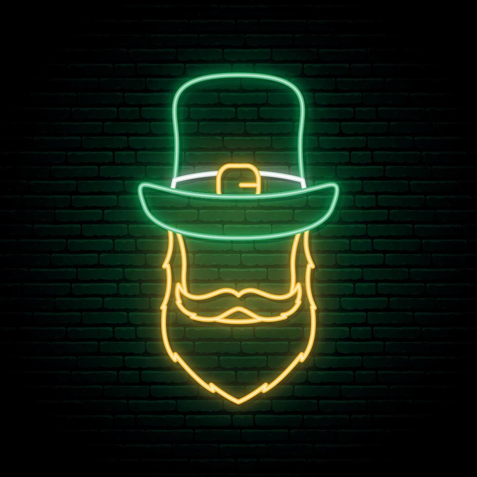 letrero de neón del irlandés con sombrero verde y barba roja. vector