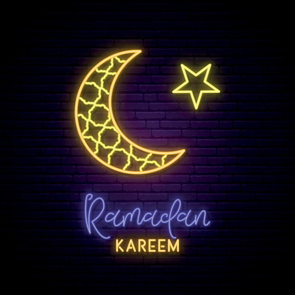 Ramadan Kareem bright night signboard. Islamic symbol crescent with arabic pattern in neon style. vector