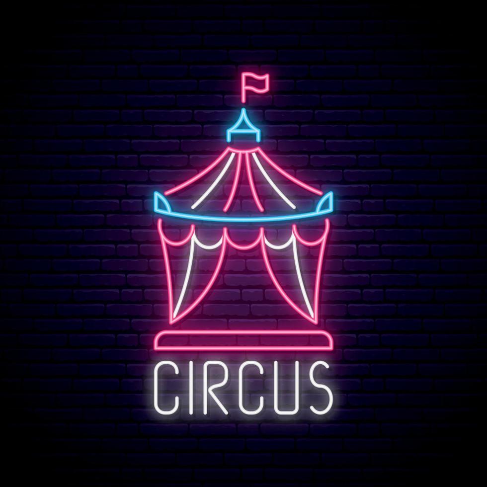 Circus neon sign. Bright shiny circus emlem on dark brick wall background. vector