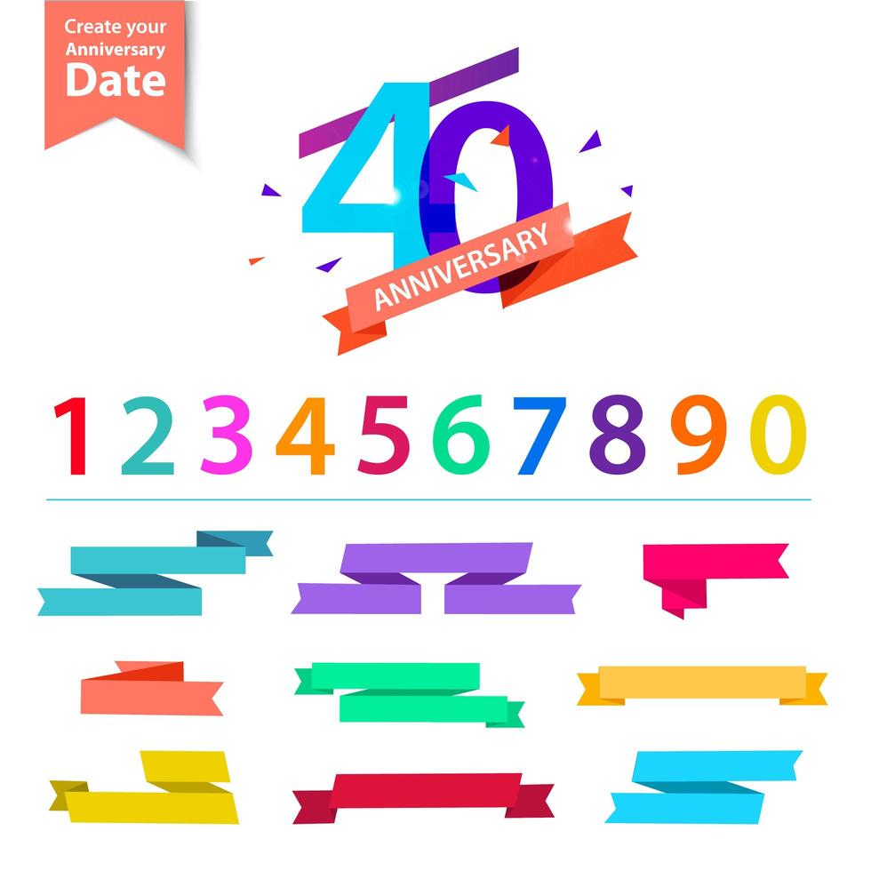 Vector set of anniversary numbers design. Create your own icons, compositions with ribbons, dates and sunbursts .