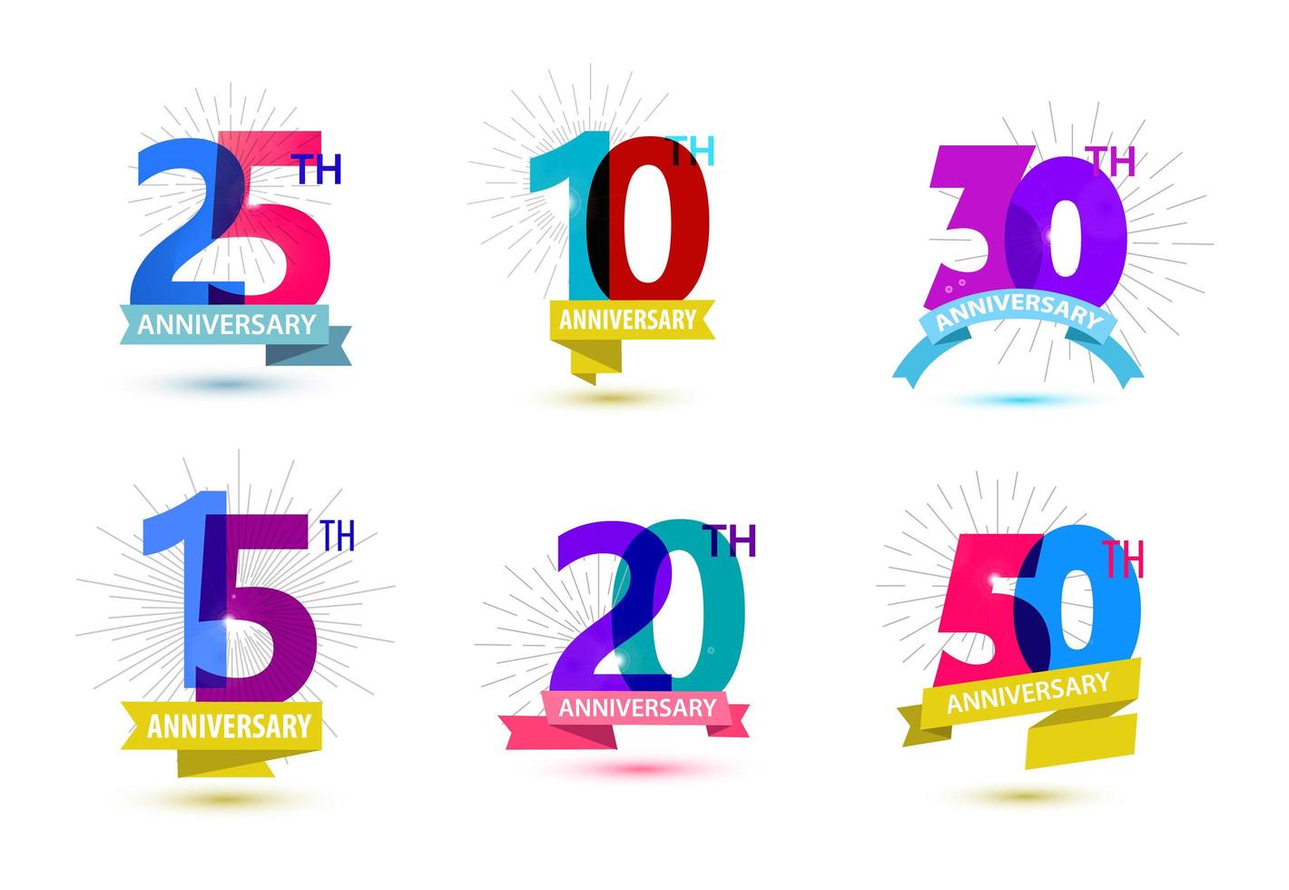 Vector set of anniversary numbers design. 25, 10, 30, 15, 20, 50 icons, compositions with ribbons. Colorful transparent with shadows on white background isolated.