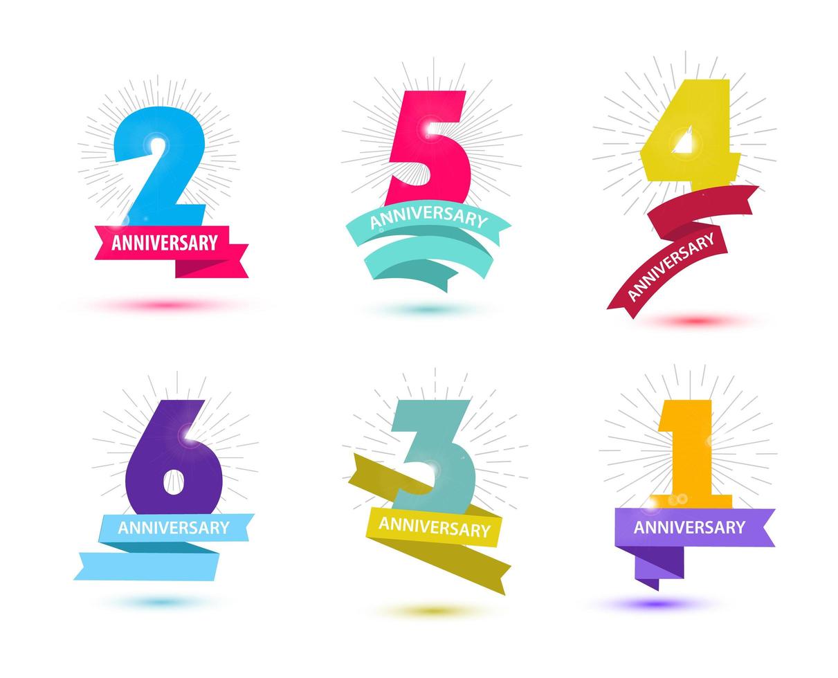 Vector set of anniversary numbers design. 1, 2, 3, 4, 5, 6 icons, compositions with ribbons.