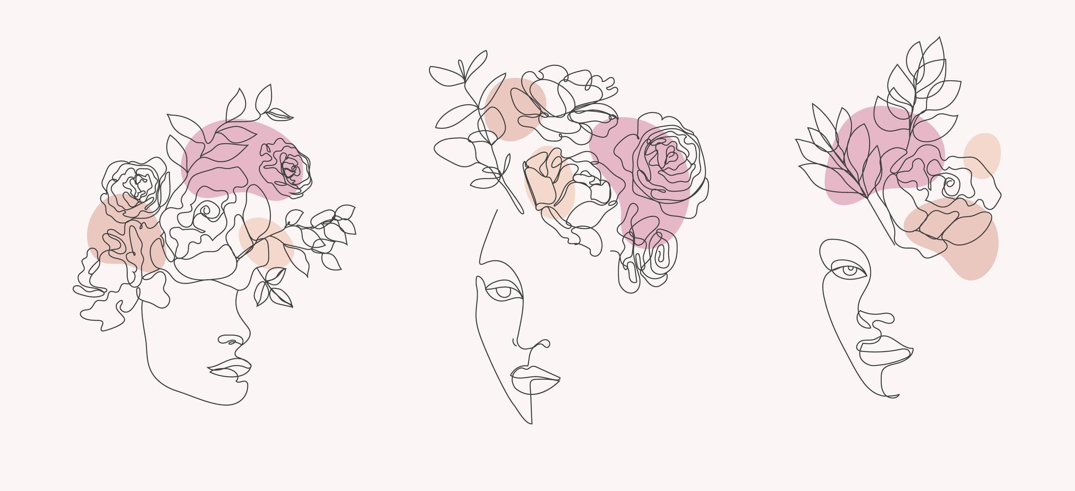 Vector set of women faces, bodies line art illustrations, logos with flowers and leaves, feminine nature concept. Use for prints, tattoos, posters, textile, logotypes, cards etc.