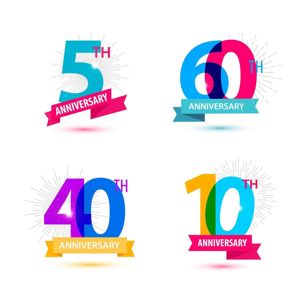 conjunto de vectores de diseño de números de aniversario. 5, 60, 40, 10 iconos, composiciones con cintas.