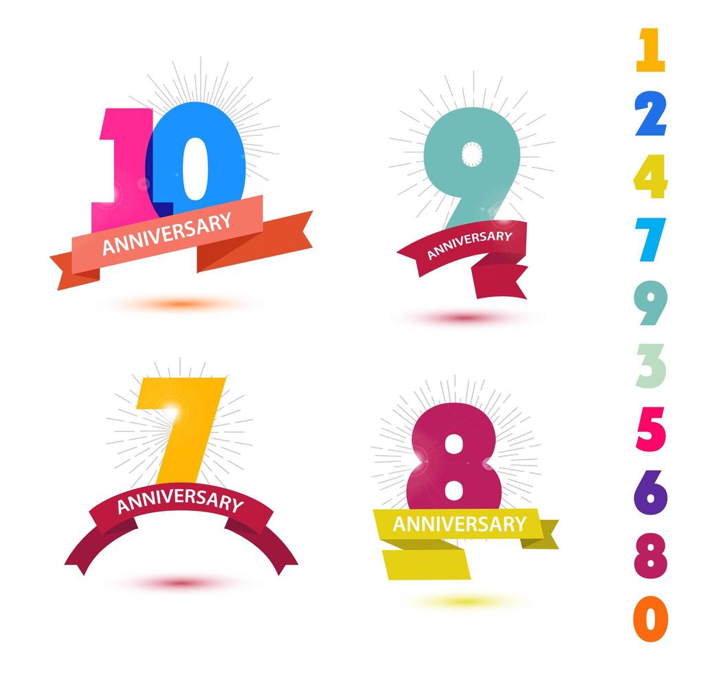 Vector set of anniversary numbers design. 10, 9, 7, 8 icons, compositions with ribbons.