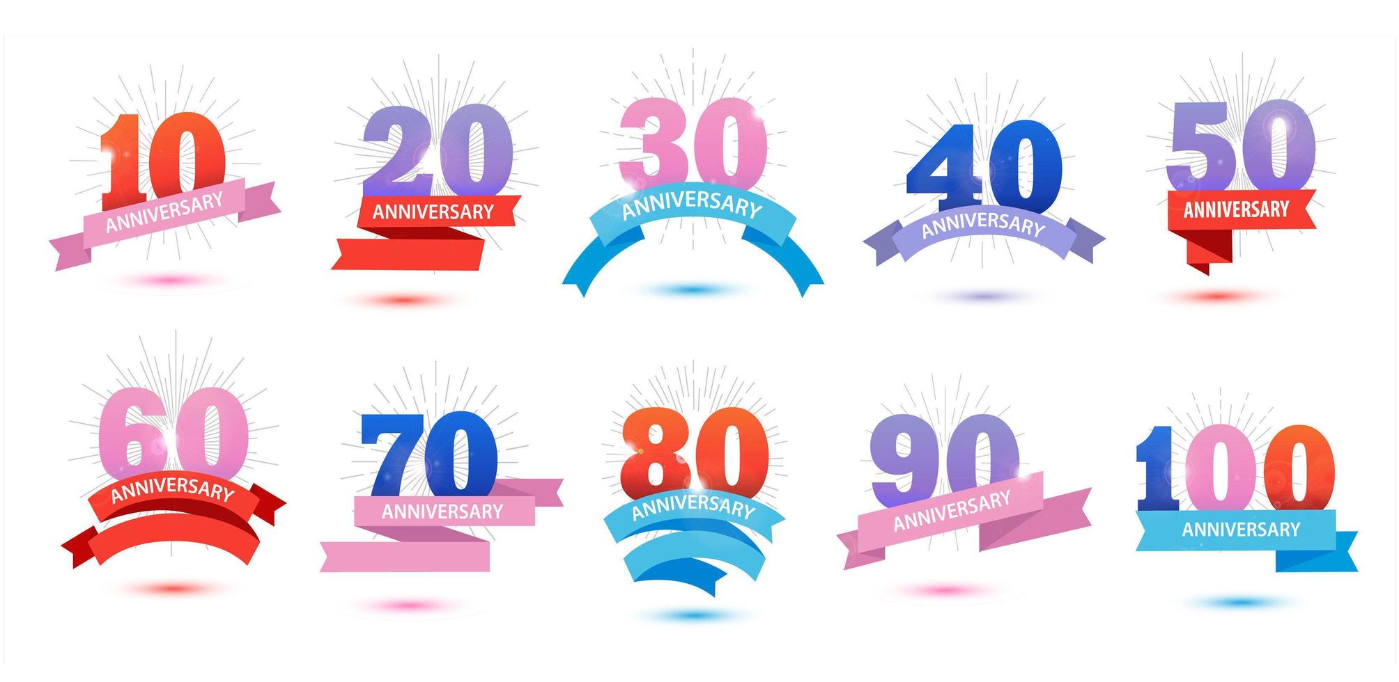 Vector set of anniversary dates, numbers. Sun rays, fireworks, ribbons. template design for web, cards, invitation. May use for anniversary of subscribers