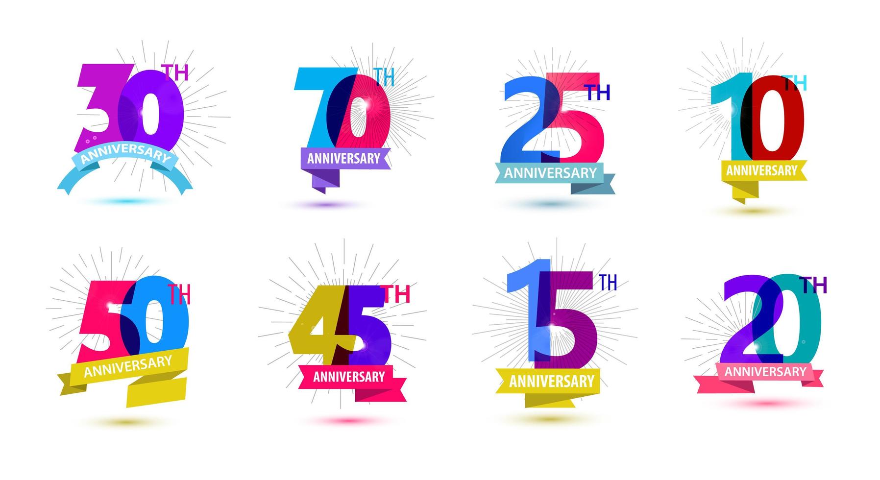 Vector set of anniversary dates compositions with ribbons, years birthday logo labels. Isolated.