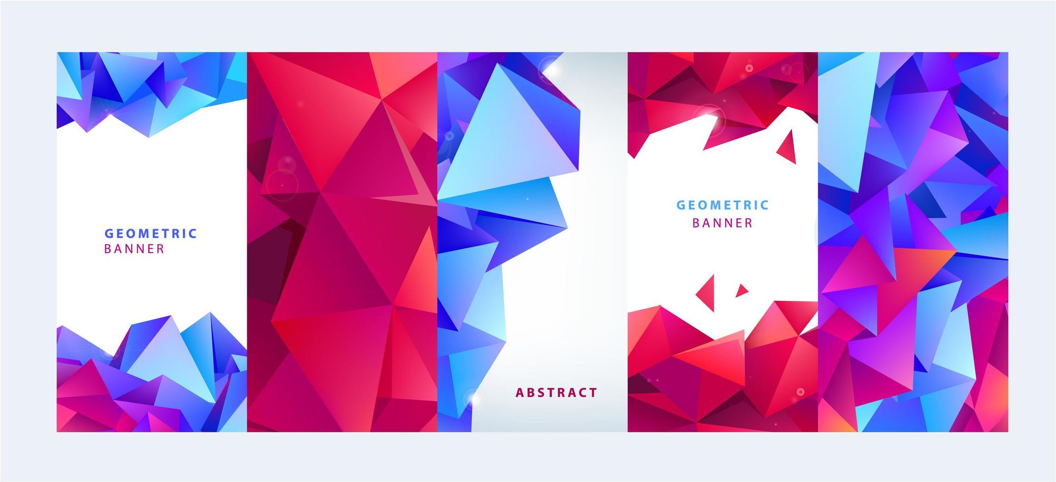 Vector set of facet geometric covers and poster design templates. Trendy abstract colorful triangle shapes Illustration Banners, flyers, brochures, social media stories, pages, post templates