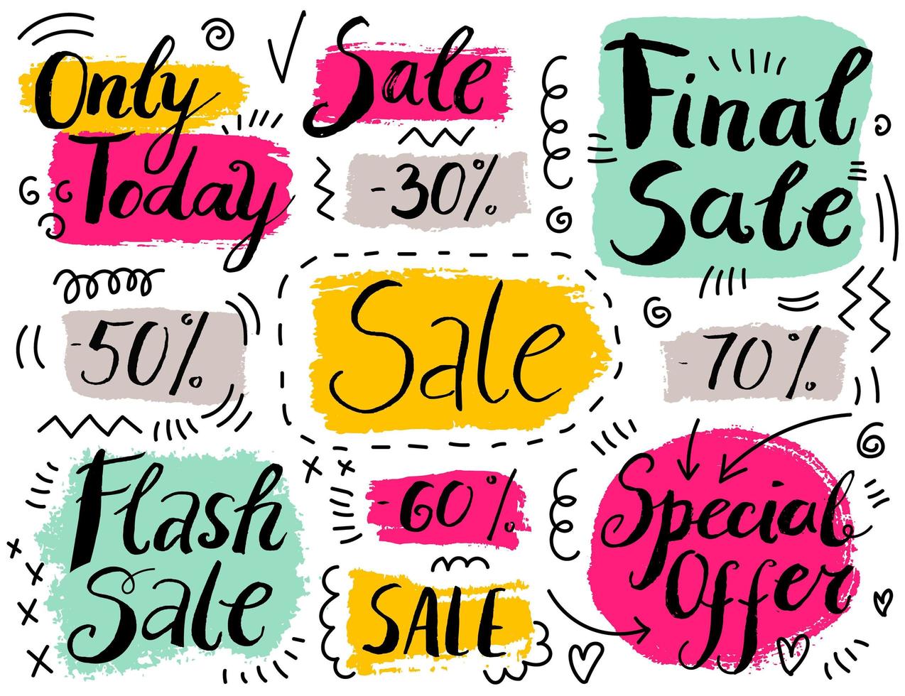 Vector set of hand drawn doodle sale banners, badges, tags, illustrations. Typography Background. Handmade calligraphy. Brush lettering compositions
