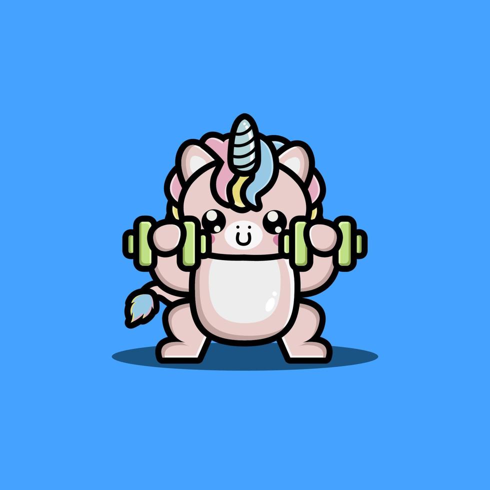 Cute unicorn lifting dumbbell cartoon vector