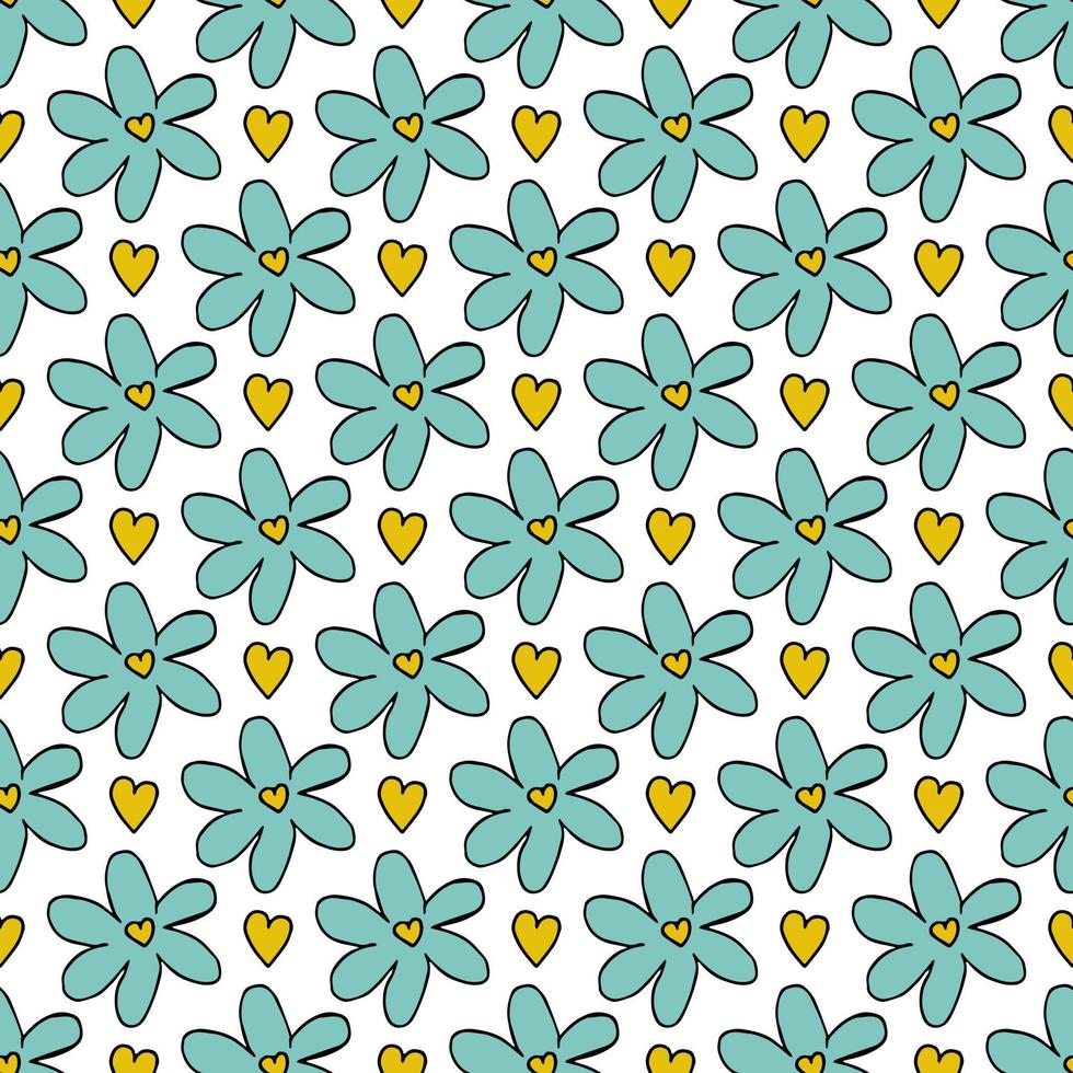 Blue chamomile pattern with yellow hearts on white background. vector