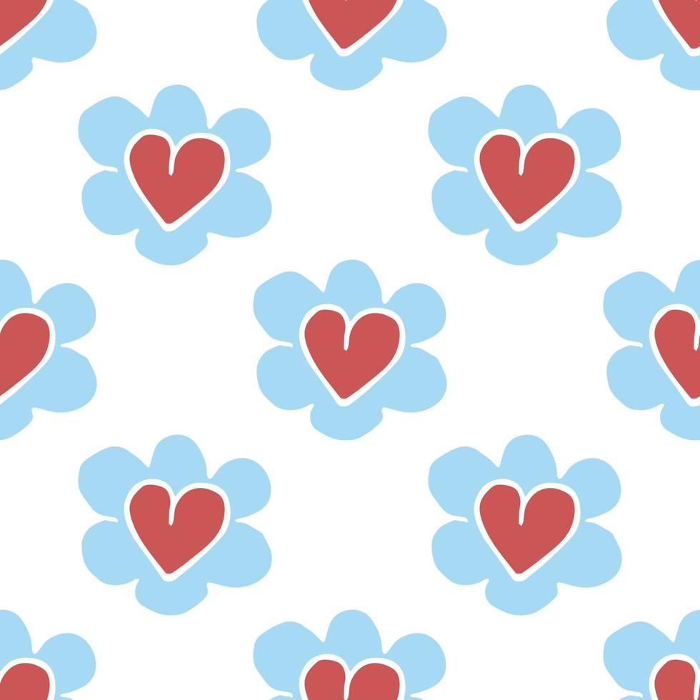 Patrón de manzanilla azul con corazones sobre fondo blanco. vector