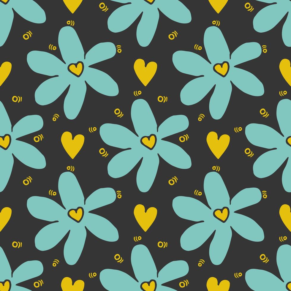 Blue chamomile pattern with yellow hearts on grey background. vector