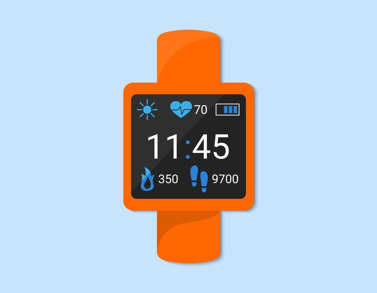 Smart watch closeup isolated. Fitness bracelet, smartband showing time, indicators of pulse, steps and calories on display. Vector flat illustration