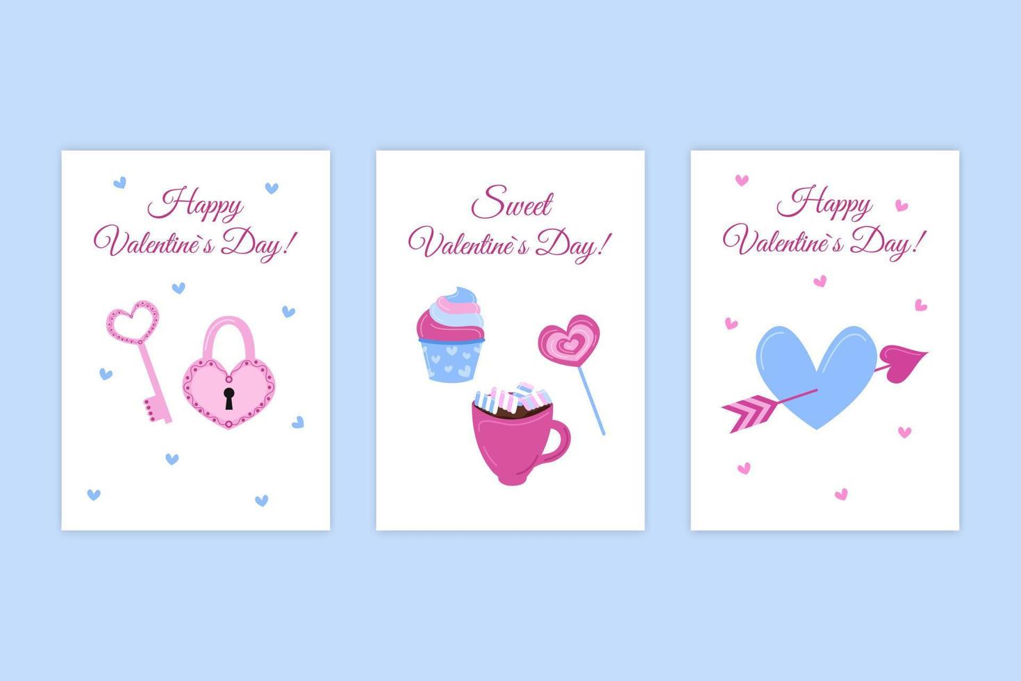 Valentines day romantic greeting cards. Vector collection of holiday postcards. Sweet desserts, cute heart with arrow and lock with key. Valentines set