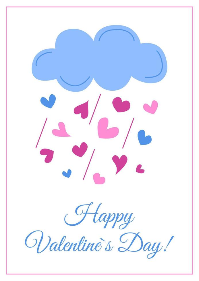 Happy Valentines Day greeting card isolated. Love cute cloud and hearts rain. Pink and blue colors. Vector flat illustration