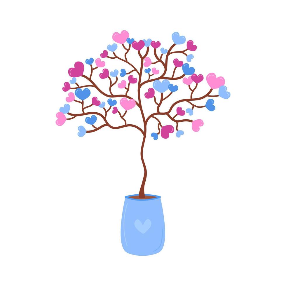 árbol de amor en maceta aislado. árbol de San Valentín con corazones lindos en ramitas. colores rosa y azul. vector ilustración de objeto plano