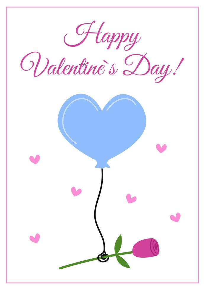 Happy Valentines Day greeting card isolated. Love heart shaped balloon with rose flower. Pink and blue colors. Vector flat illustration