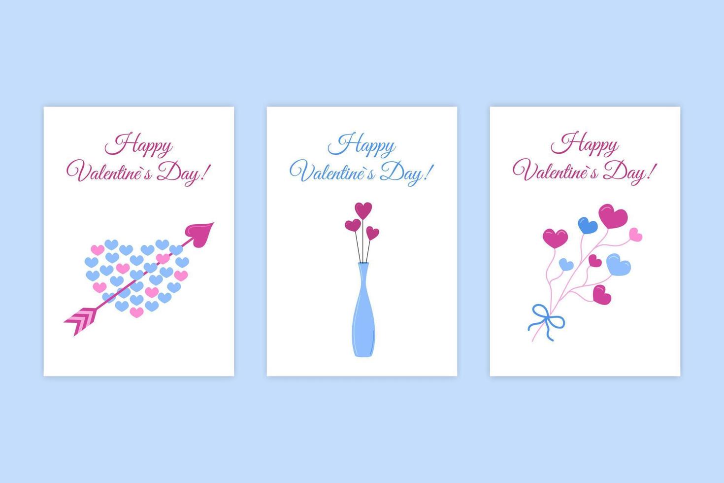 Valentines day romantic greeting cards. Vector collection of holiday postcards. Cute heart with arrow, flower vase and heart twig. Valentines set